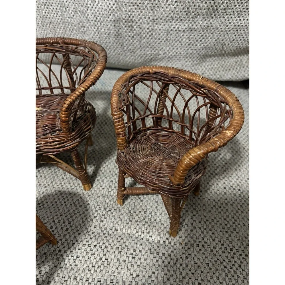 Vintage Miniature Wicker Doll Furniture Set Chairs Loveseat Table Rattan Lot